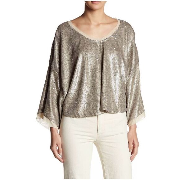 FREE PEOPLE Champagne Dreams Sequin Oversized Crop Top size M Gold - Picture 1 of 10